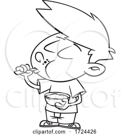 Cartoon Black and White Boy Eating Pudding by toonaday