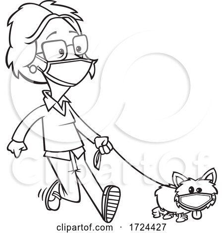 Cartoon Black and White Lady and Dog Wearing Masks and Taking a Walk by toonaday
