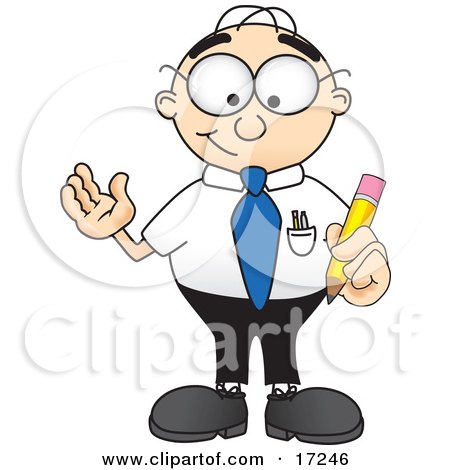 Clipart Picture of a Male Caucasian Office Nerd Business Man Mascot Cartoon Character Holding a Yellow Number 2 Pencil With an Eraser Tip by Mascot Junction