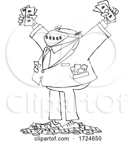 Cartoon Rich Business Man Wearing a Mask and Standing in a Pile of Money by djart