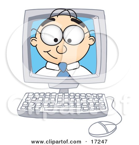 Clipart Picture of a Male Caucasian Office Nerd Business Man Mascot Cartoon Character Peeking Out From Inside a Desktop Computer Monitor by Mascot Junction