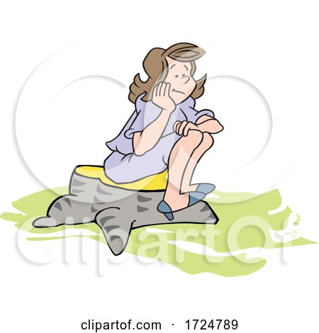 Cartoon Confused Woman Sitting on a Stump by Johnny Sajem