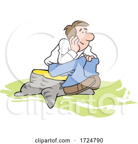 Cartoon Confused Man Sitting on a Stump by Johnny Sajem