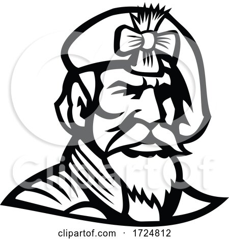 Head of Jacobite Highlander Wearing Beret Mascot Black and White by patrimonio