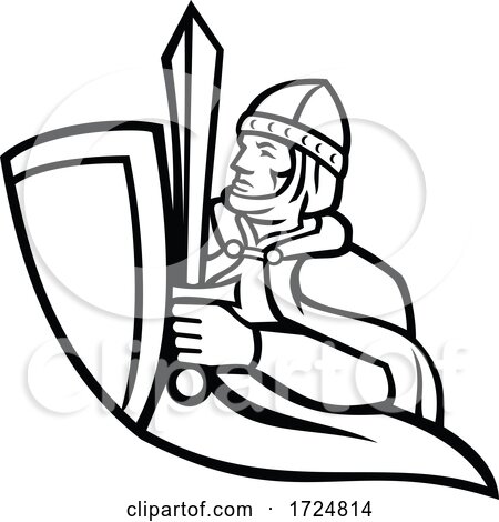 Bust of Medieval King Regnant Wielding a Sword and Shield Black and White Mascot by patrimonio