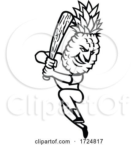 Pineapple Baseball Player Batting with Bat Mascot Black and White by patrimonio
