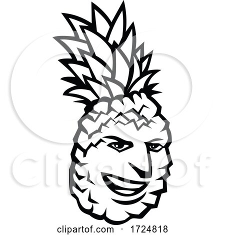 Pineapple Fruit or Ananas Comosus Happy Smiling Grinning Mascot Black and White by patrimonio