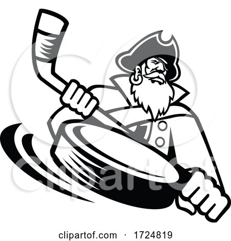 Swashbuckler or Pirate with Ice Hockey Stick and Puck Sports Mascot Black and White by patrimonio