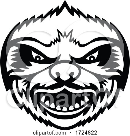 Head of Angry Sloth Front View Mascot Retro Black and White by patrimonio
