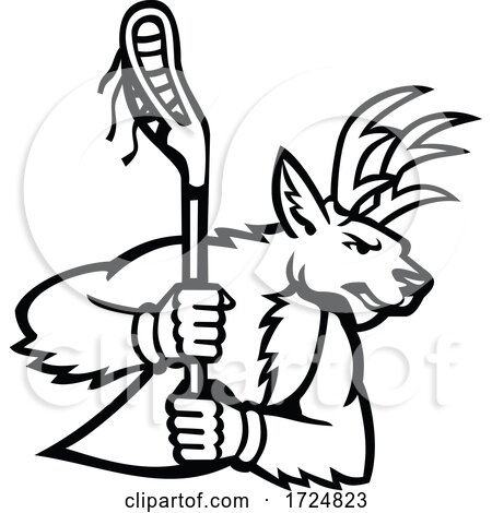 Red Deer Stag or Buck Wielding a Lacrosse Stick Side View Mascot Black and White by patrimonio