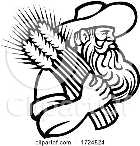Organic Grain Farmer or Wheat Farmer with Beard Holding a Bunch of Dried Wheat Retro Mascot Black and White by patrimonio
