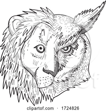 Head of Half Lion and Half Great Horned Owl Tiger Owl or Hoot Owl Front View Black and White Drawing by patrimonio