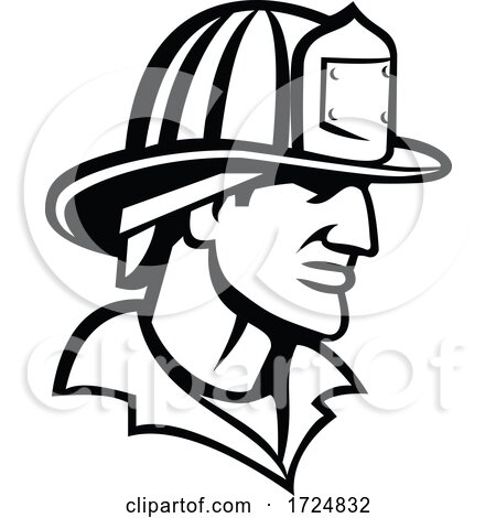Head of American Firefighter Fireman Looking Side Mascot Black and White by patrimonio