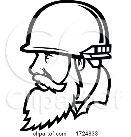 Vietnam War American Soldier Wearing Combat Helmet with Full Beard Mascot Black and White by patrimonio
