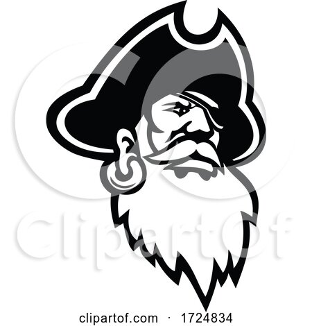 Head of a Buccaneer Swashbuckler Pirate Privateer or Corsair Mascot Black and White by patrimonio