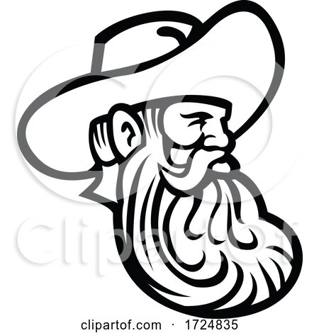 Head of Cowboy or Farmer with Full Beard Looking to Side Retro Mascot Black and White by patrimonio