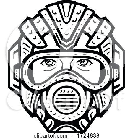 Futuristic Face Mask Face Covering or Space Helmet Protection from Pandemic Infection Front View Retro Black and White by patrimonio