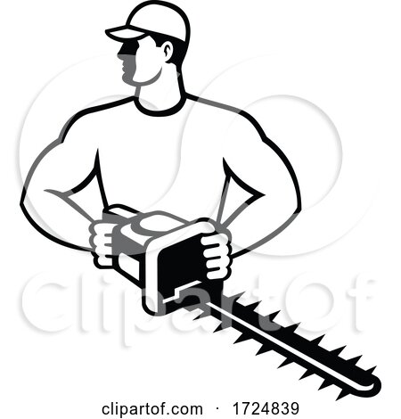 Gardener or Landscaper with Garden Hedge Trimmer or Shears Front View Retro Black and White by patrimonio