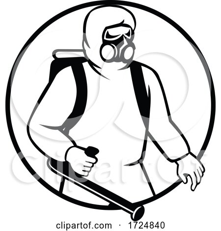 Industrial Worker Essential Worker or Pest Exterminator Wearing Respiratory Protective Equipment Spraying Disinfectant Black and White by patrimonio