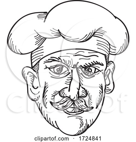 Head of Italian Chef Cook Baker or Food Worker Wearing Moustache Front View Drawing Retro Black and White by patrimonio