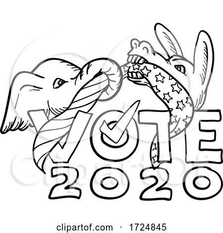 Republican Elephant and Democratic Donkey in Tug of War Usa Flag Vote 2020 Cartoon Black and White by patrimonio