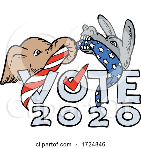 Republican Elephant and Democratic Donkey in Tug of War Usa Flag Vote 2020 Cartoon by patrimonio