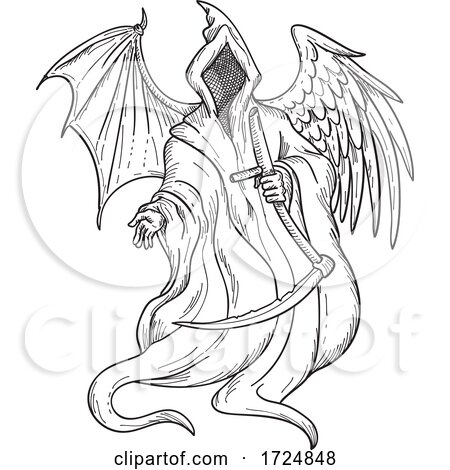 Grim Reaper or Angel of Death with Bird Wing and Bat Wing Black and White Drawing by patrimonio