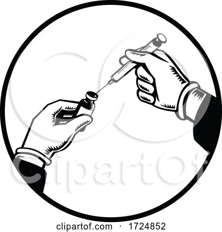 Doctor Nurse or Medical Worker Holding Vaccine and Syringe Hypodermic Needle Retro Woodcut Black and White by patrimonio