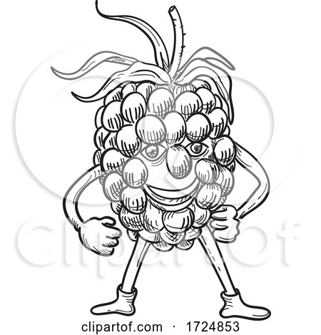 Cartoon Happy Blackberry Fruit Standing While Smiling Front View Black and White by patrimonio