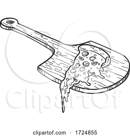 Wooden Pizza Paddle Board or Peel with Pizza Slice and Melting Cheese Drawing Black and White by patrimonio