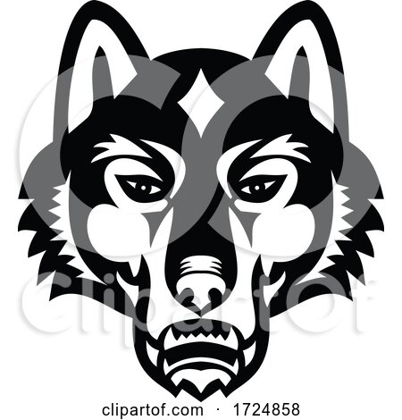 Head of Gray Wolf or Timber Wolf Front View Sports Mascot Black and White by patrimonio