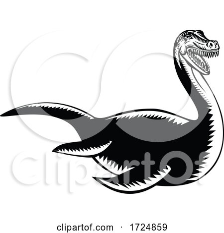 Loch Ness Monster or Nessie Swimming Retro Woodcut Black and White Style by patrimonio