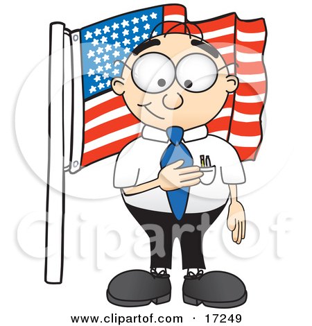 Clipart Picture of a Patriotic Male Caucasian Office Nerd Business Man Mascot Cartoon Character Pledging Allegiance to an American Flag by Mascot Junction
