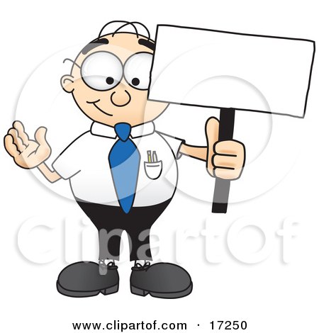 Clipart Picture of a Male Caucasian Office Nerd Business Man Mascot Cartoon Character Holding a Blank Sign by Mascot Junction