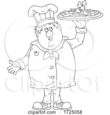 Black and White Chubby Male Chef Holding up a Pizza by Alex Bannykh