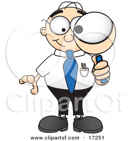 Clipart Picture of a Male Caucasian Office Nerd Business Man Mascot Cartoon Character Looking Through a Magnifying Glass by Mascot Junction