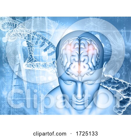 3D Medical Background with Male and Brain, DNA Strands and Virus Cells by KJ Pargeter