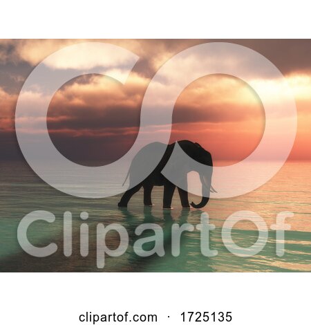 3D Elephant Walking in the Ocean Against a Sunset Sky by KJ Pargeter