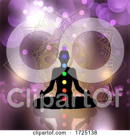 Silhouette of Female in Yoga Pose with Chakra on Decorative Mandala Background by KJ Pargeter