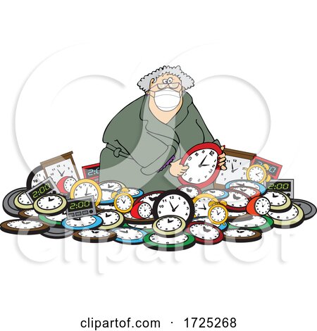 Cartoon Woman Wearing a Mask in a Pile of Clocks for Daylight Savings by djart