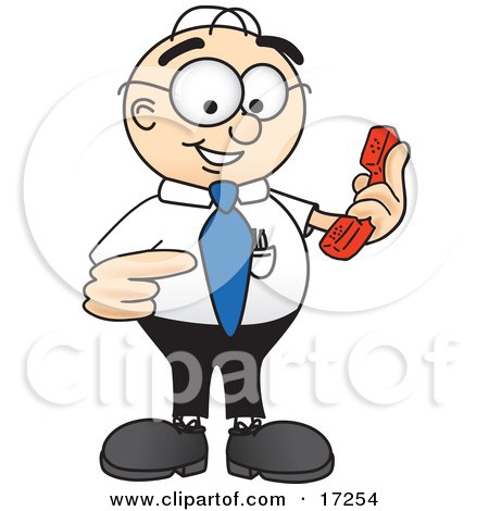 Clipart Picture of a Male Caucasian Office Nerd Business Man Mascot Cartoon Character Holding a Telephone by Mascot Junction