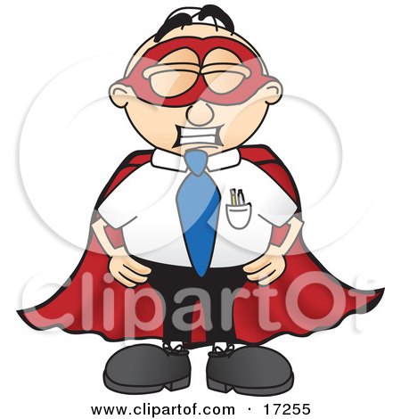 Clipart Picture of a Male Caucasian Office Nerd Business Man Mascot Cartoon Character Dressed as a Super Hero by Mascot Junction