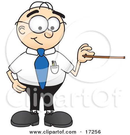 Clipart Picture of a Male Caucasian Office Nerd Business Man Mascot Cartoon Character Holding a Pointer Stick by Mascot Junction