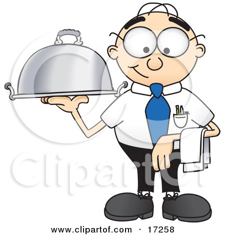 Clipart Picture of a Male Caucasian Office Nerd Business Man Mascot Cartoon Character Serving a Dinner Platter by Mascot Junction