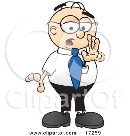 Clipart Picture of a Male Caucasian Office Nerd Business Man Mascot Cartoon Character Whispering and Gossiping by Mascot Junction