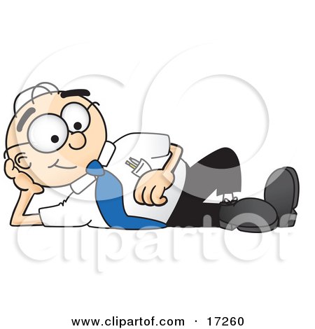 Clipart Picture of a Male Caucasian Office Nerd Business Man Mascot Cartoon Character Reclining and Resting His Head on His Hand by Mascot Junction