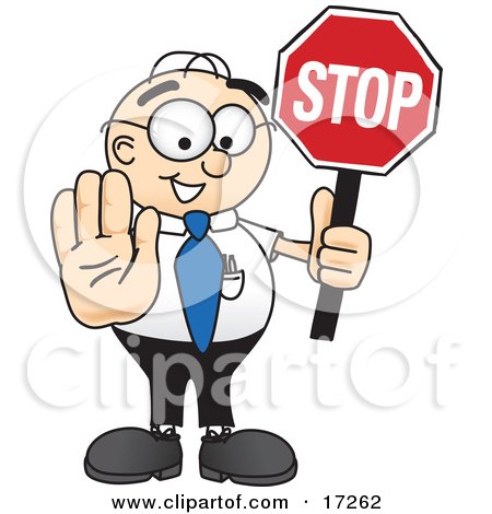 Clipart Picture of a Male Caucasian Office Nerd Business Man Mascot Cartoon Character Holding a Stop Sign by Mascot Junction