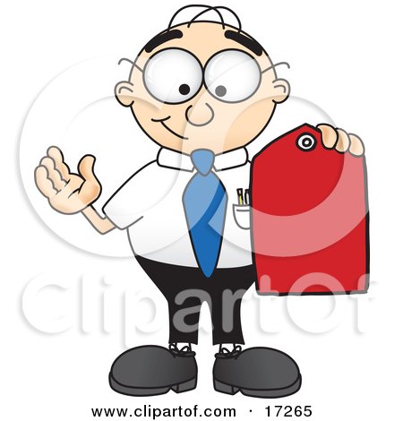 Clipart Picture of a Male Caucasian Office Nerd Business Man Mascot Cartoon Character Holding a Red Sales Price Tag  by Mascot Junction