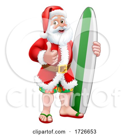 Surfing Santa with Surfboard Christmas Cartoon by AtStockIllustration