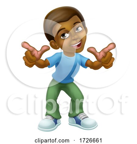 Happy Black Cartoon Boy Child Kid Pointing by AtStockIllustration